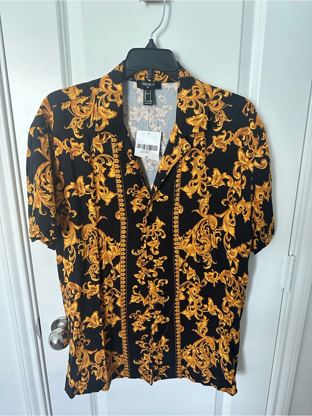 Forever 21 Black and Gold Baroque Short Sleeve Button-Down Shirt NWT